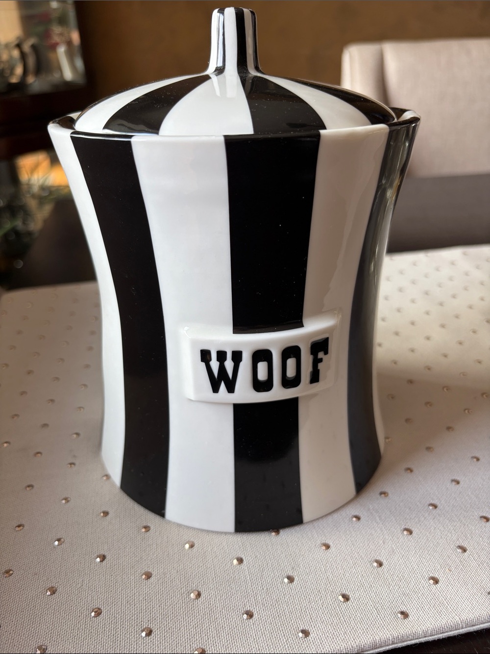 Jonathan Adler Black & White Striped Ceramic Canister - 'WOOF' Accent